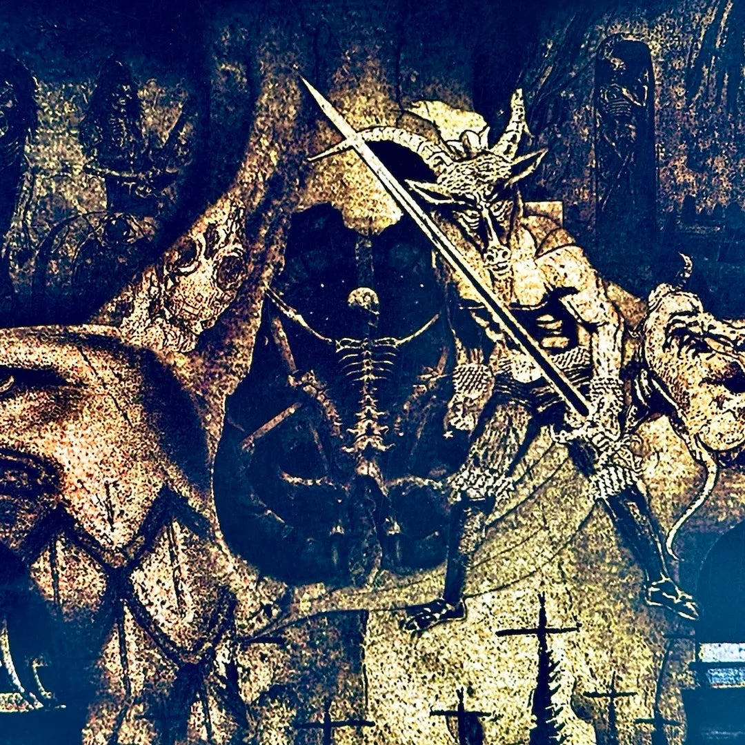 Close up of nose on skull showing mini art of demon torturing skeleton in hellscape art.