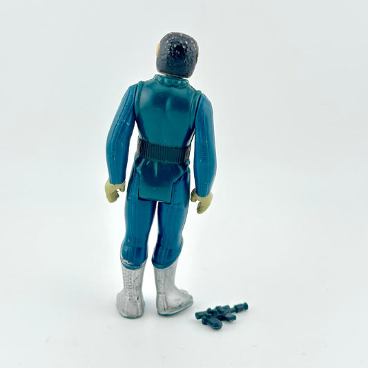 Vintage action figure in blue suit with accessories on a white background