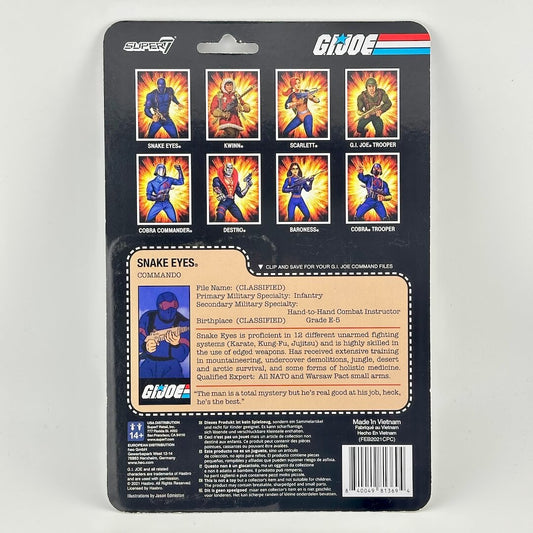 G.I. Joe Snake Eyes action figure packaging with character illustrations and text on a gray background