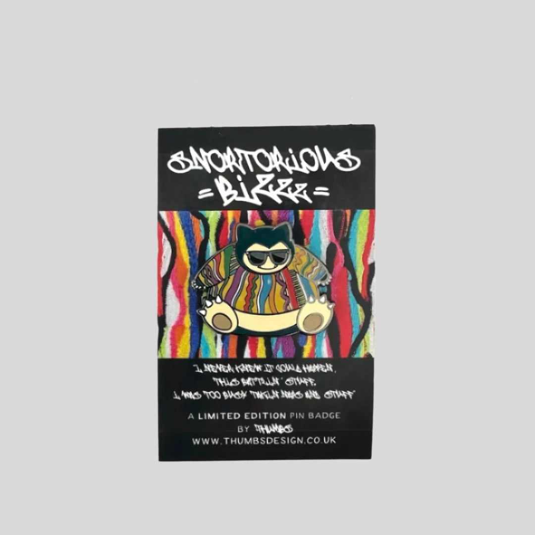 Pokemon Snorlax dressed as Notorious BIG in striped sweater and sunglasses.