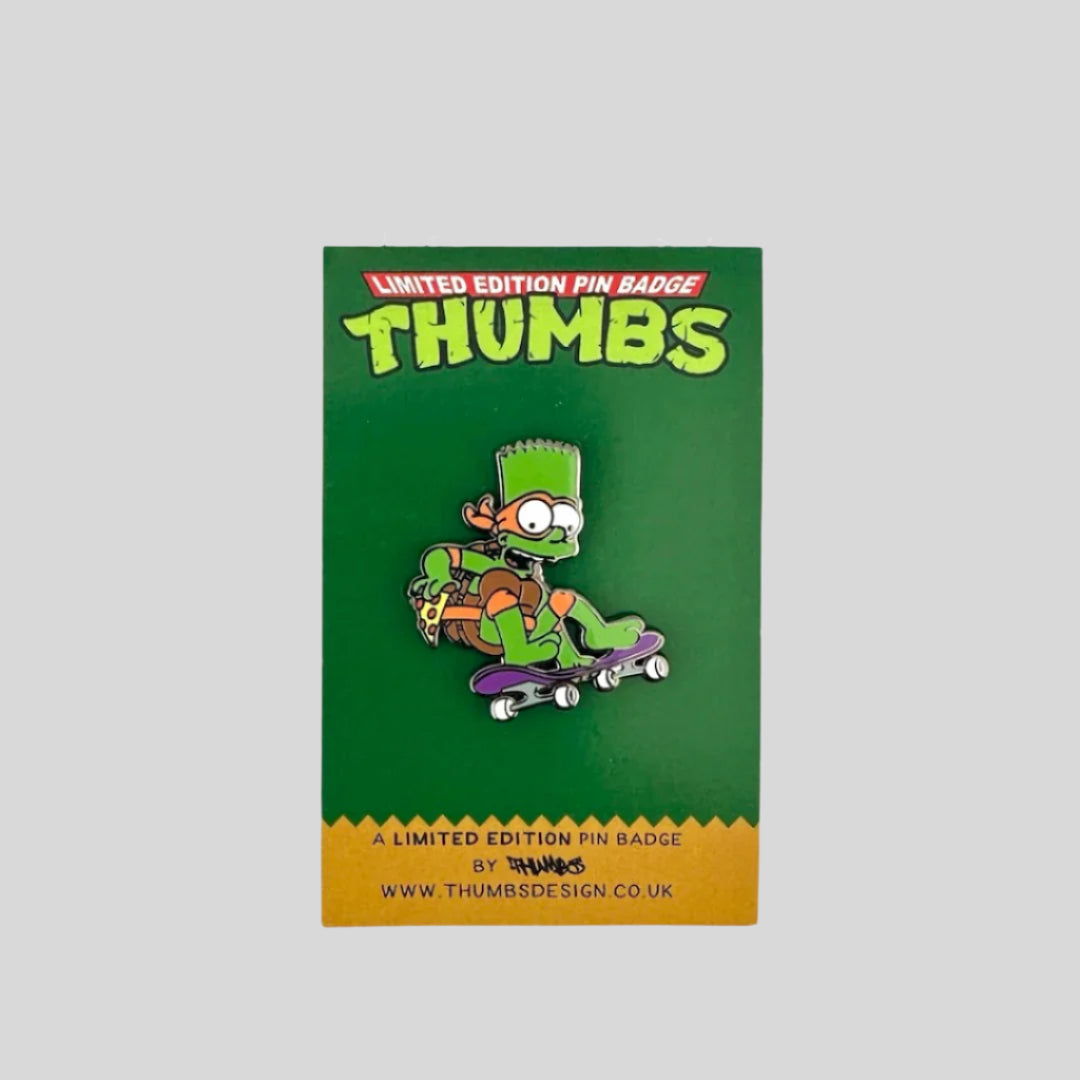 Bart Simpson skateboarding with pizza slice, dressed as Michaelangelo TMNT on green pin card.