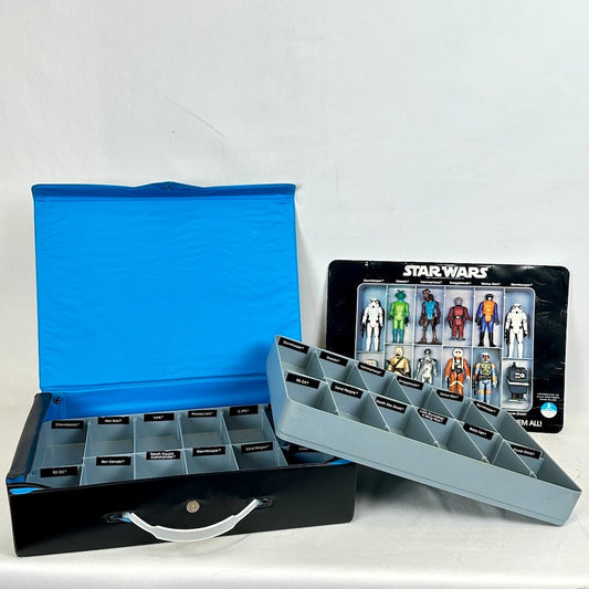 Collection of Star Wars action figures in a display case with a blue lid on a white background
