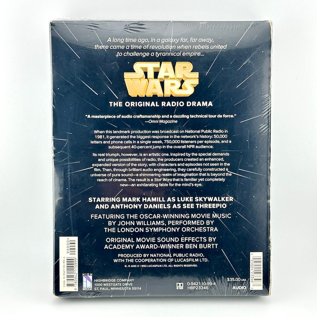 Packaging for Star Wars Radio Drama cassette tape set wrapped in plastic against a white background.