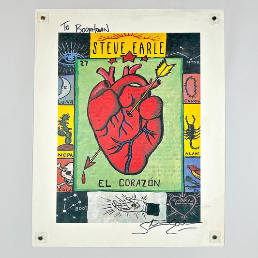 Poster with a stylized heart illustration and text on a gray background