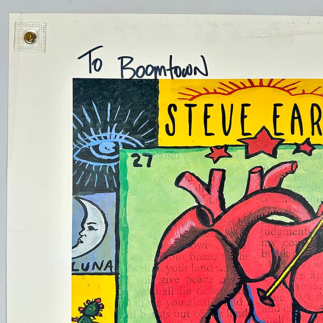 Top left corner of poster with colorful design.