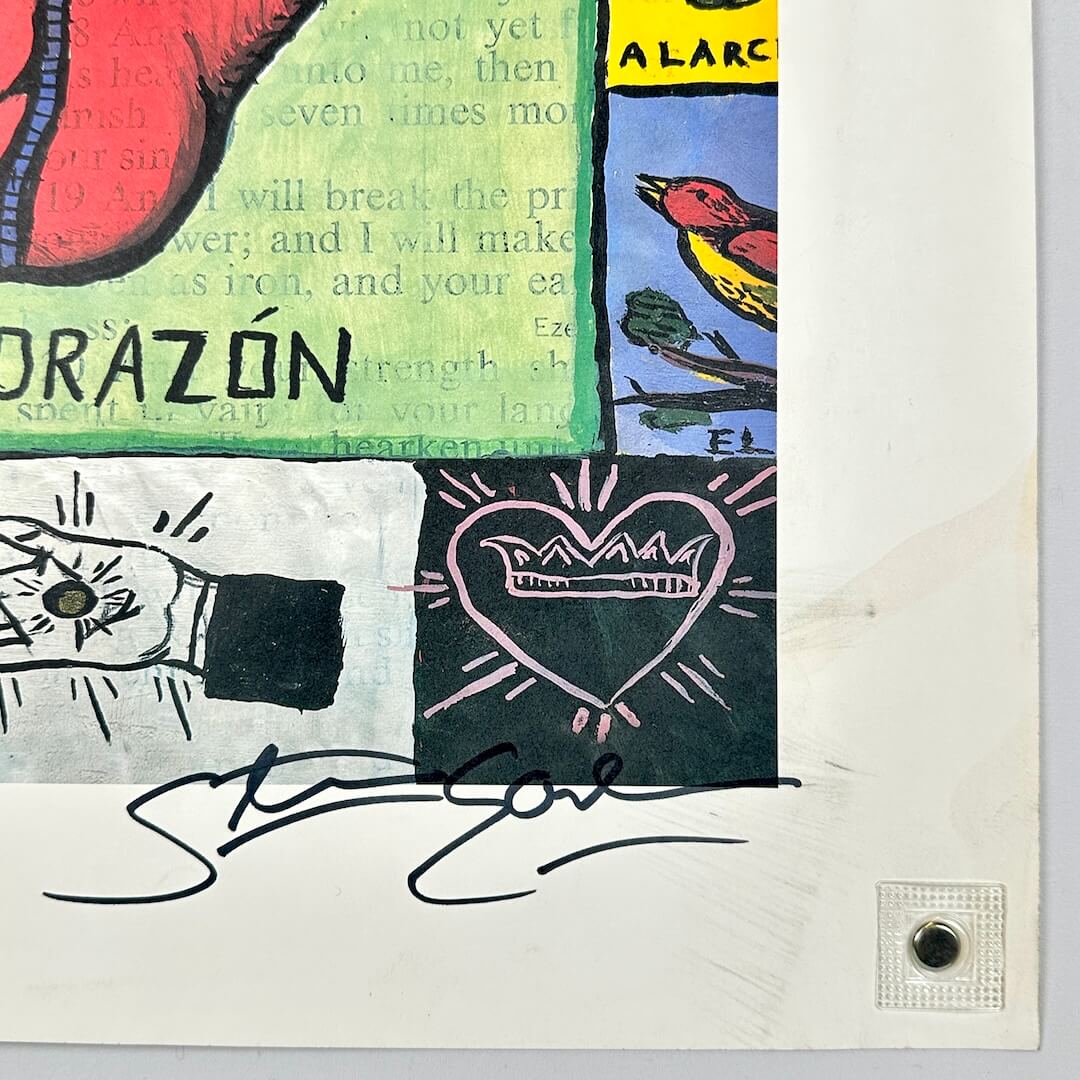 Bottom right corner of poster with colorful design. Features signature.