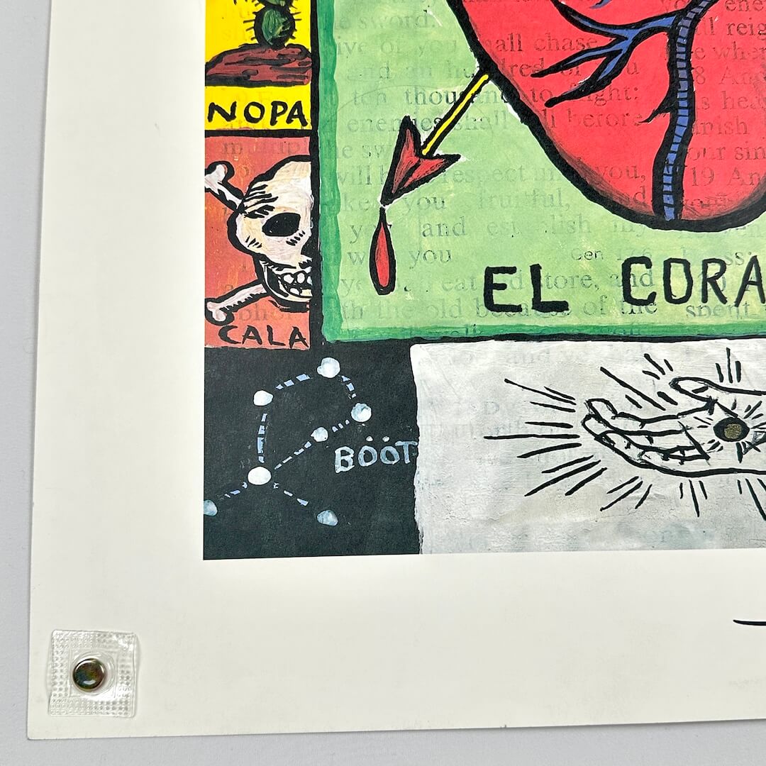 Bottom left corner of poster with colorful design.
