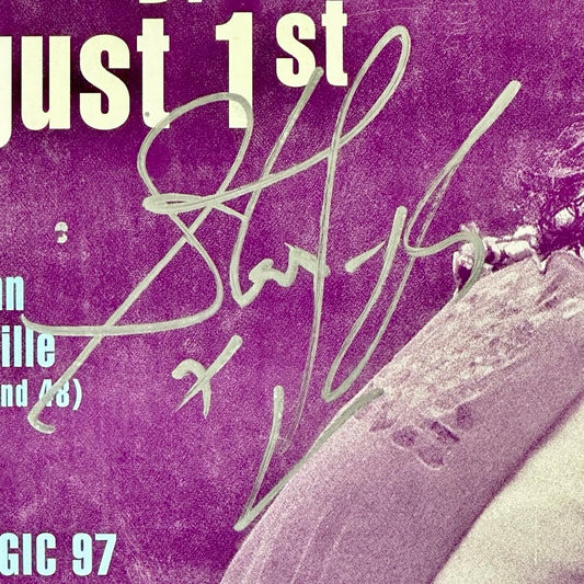 Silver signature on purple background