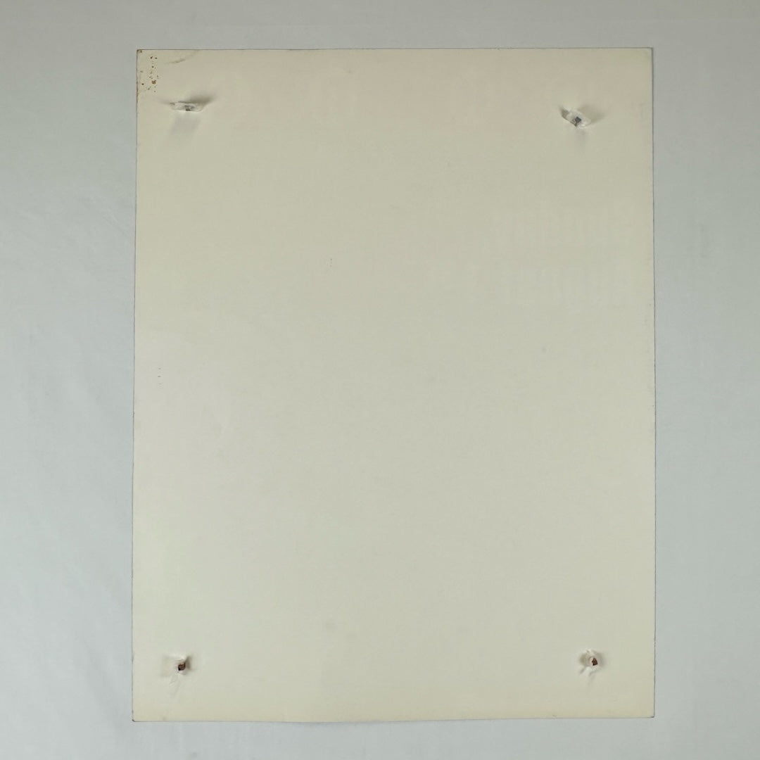 White poster back with several stain dots on the upper right hand corner.
