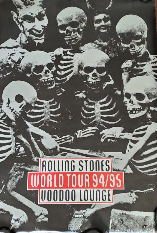 Black and white image of skeletons with text about Rolling Stones World Tour 94/95 at Voodoo Lounge.