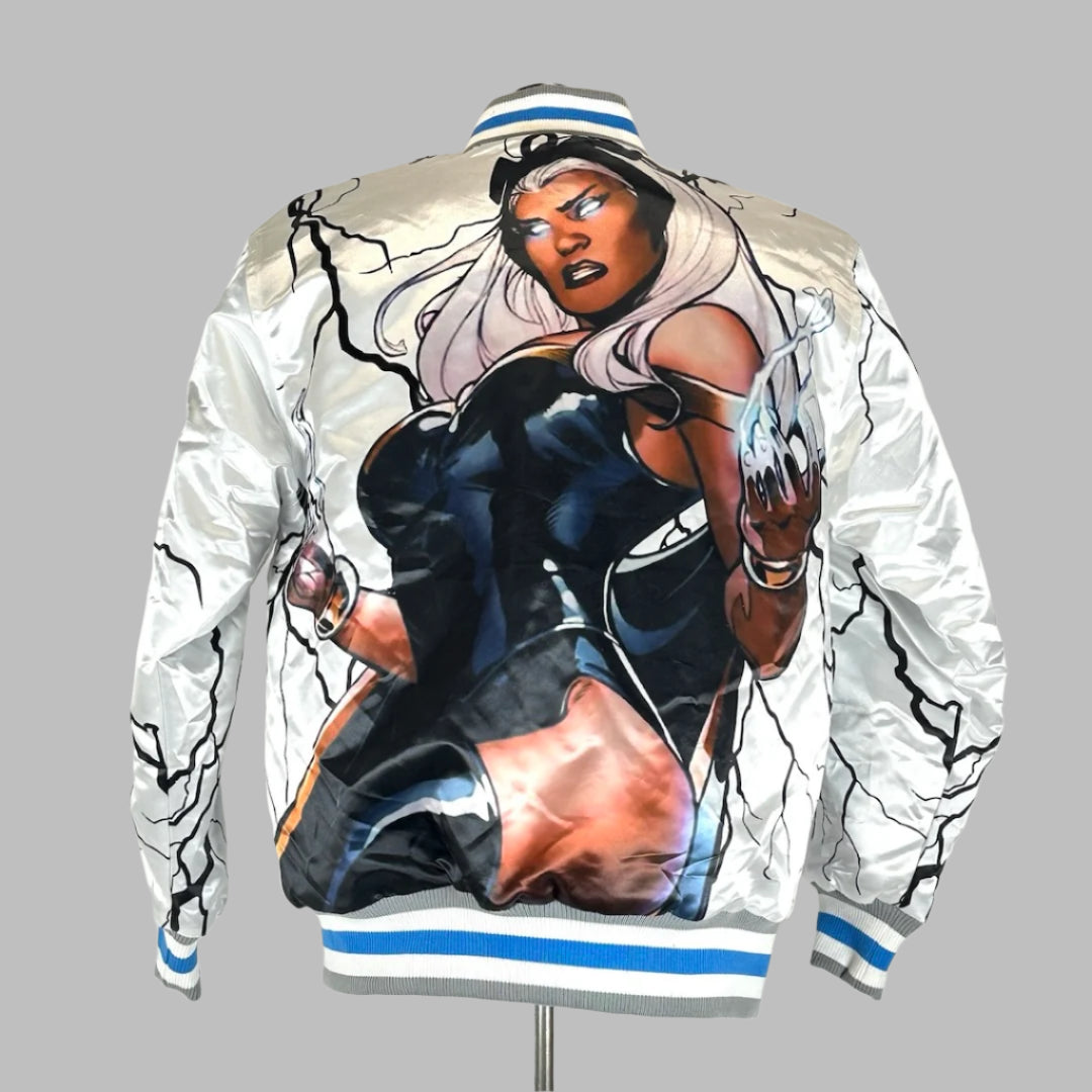 Storm super hero image on back with black lightning surrounding image.