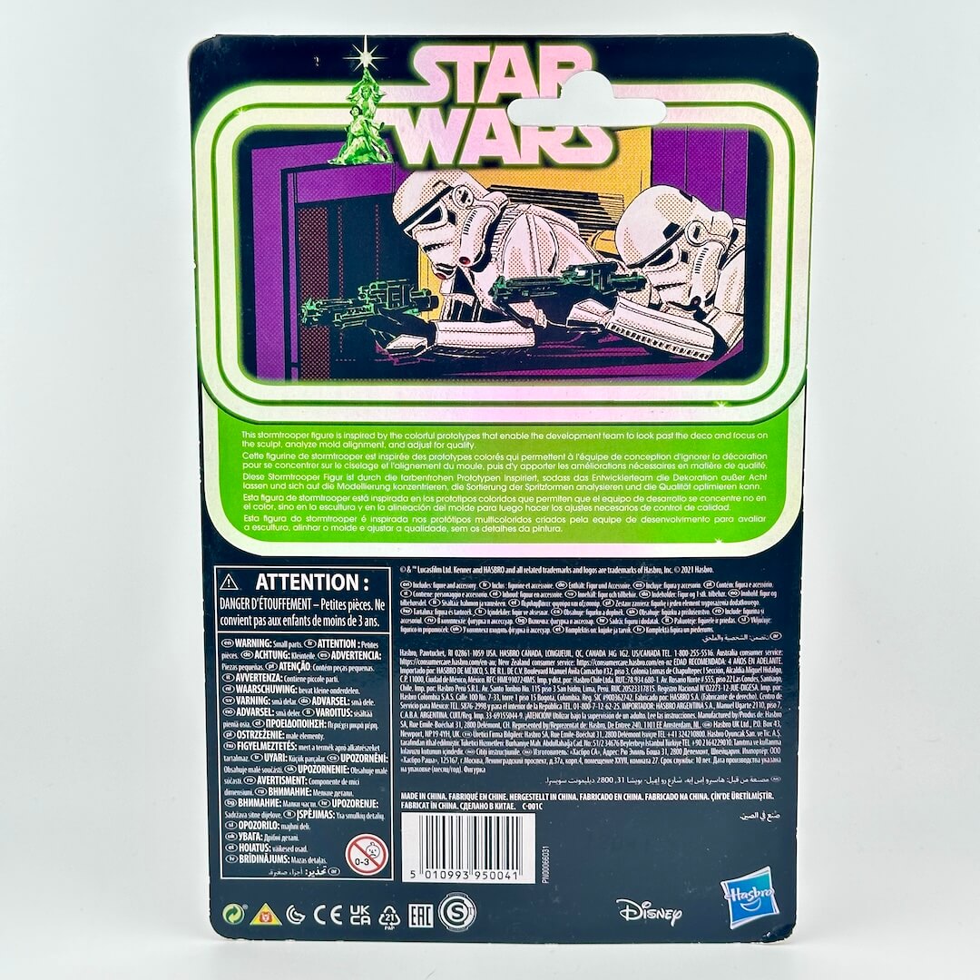 Back panel of Stormtrooper action figure with image of troopers, a brief blurb, and product information.