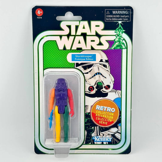 Star Wars Stormtrooper action figure with various colored body parts still sealed in original blister packaging.