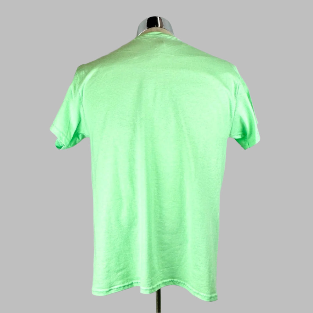 Back side of sea-foam green short sleeved shirt with no details or damage.