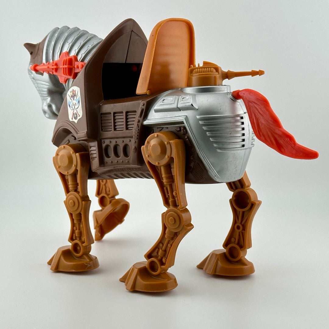 Brown Robotic horse back view. Brown machine legs with dark brown body. Orange tail with silver accents.