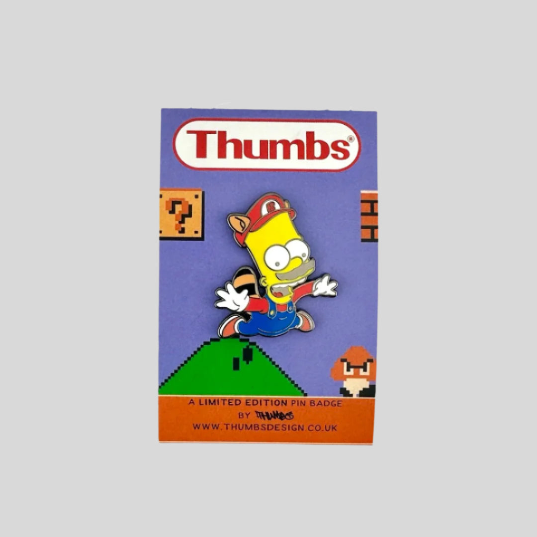 Bart Simpson dressed as Super Mario with card back to look like platform level.