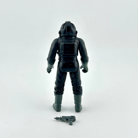 Black action figure in a suit with a helmet on a white background