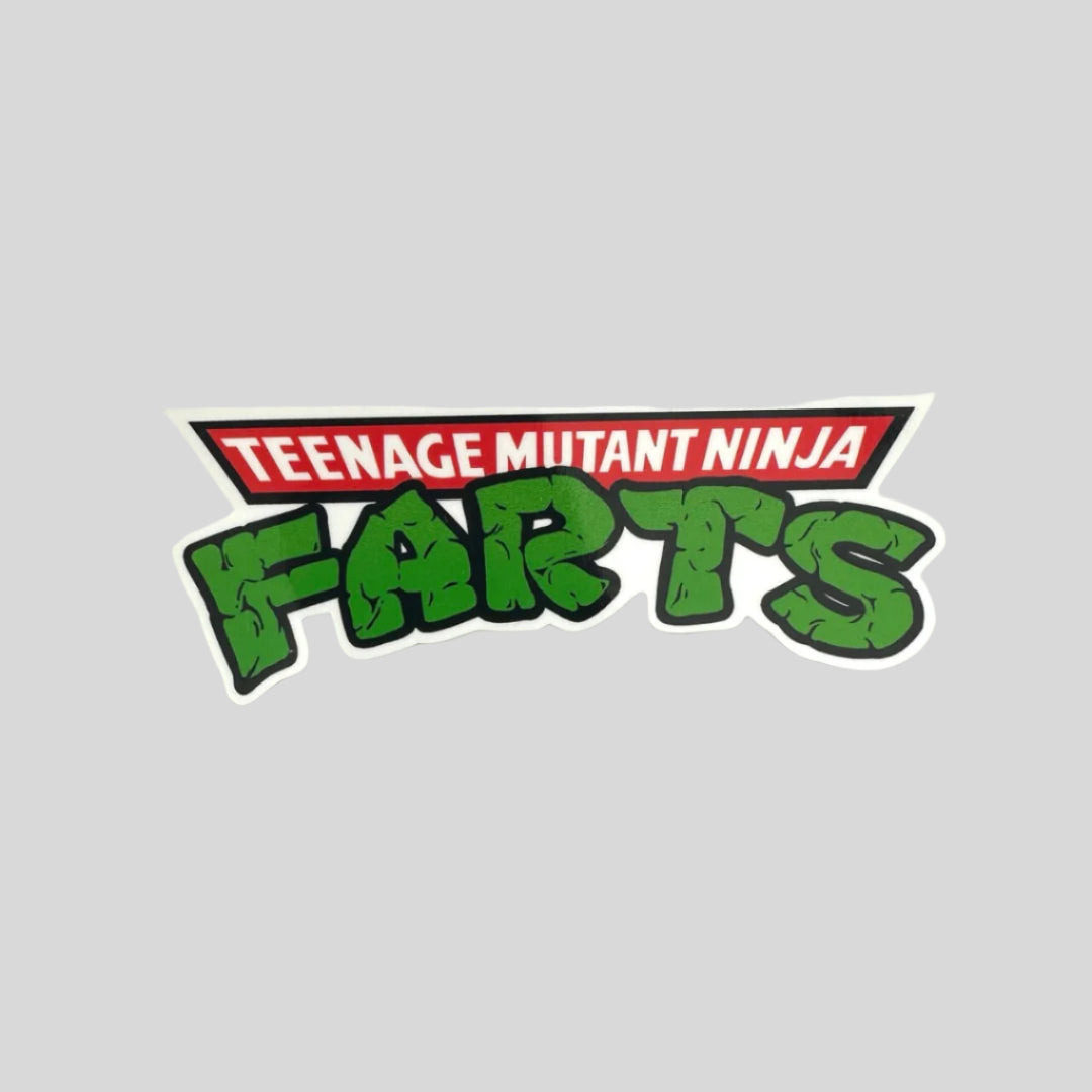 Teenage Mutant Turtles Logo but instead of "turtles," it says "farts."