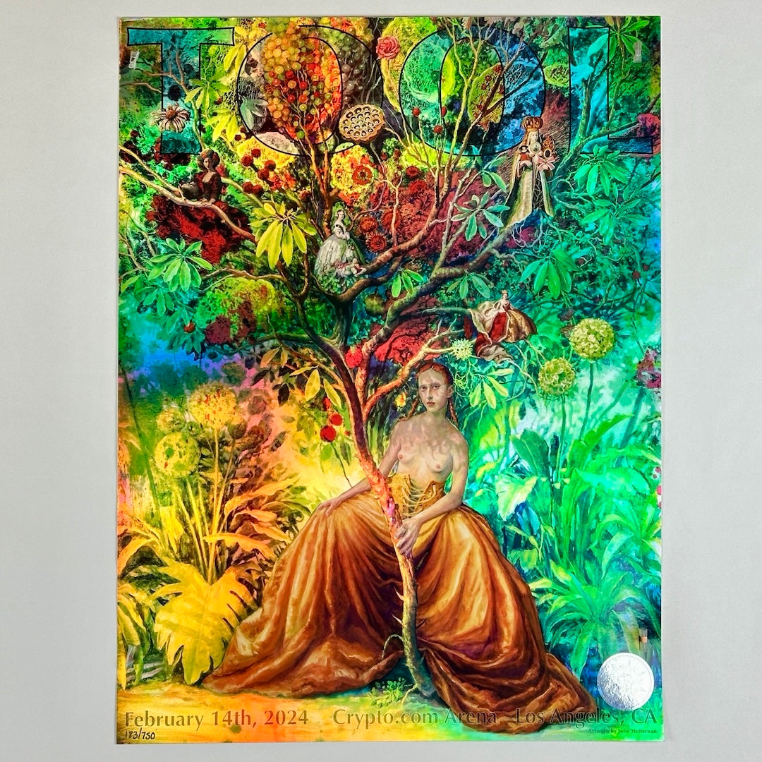 Tool concert poster for 2/14/24 at Crypto.com Arena, Los Angeles, CA. Features surreal art of a woman sitting under a vibrant tree.