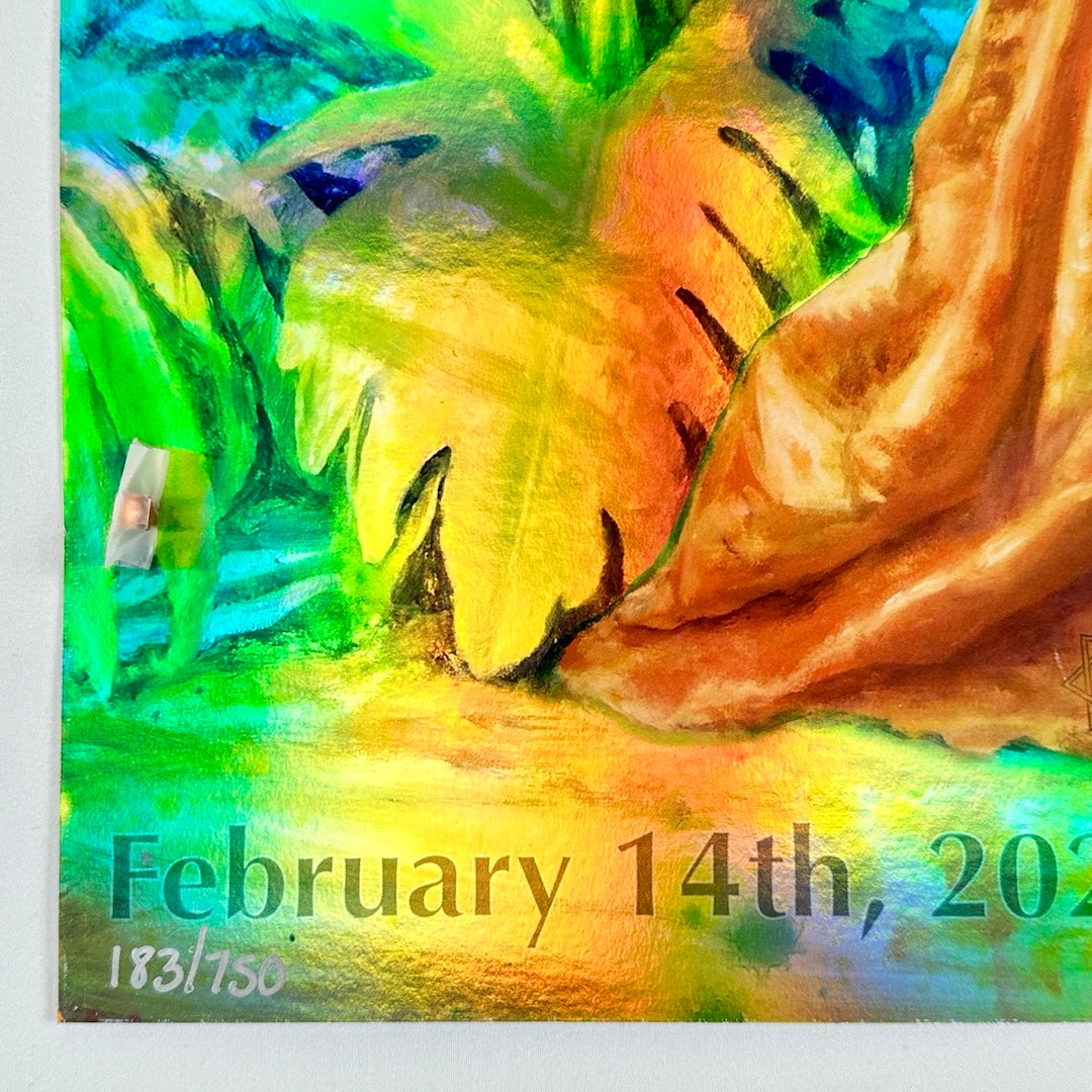 Bottom left corner of poster with silver marker poster number, 183/750, under event date.