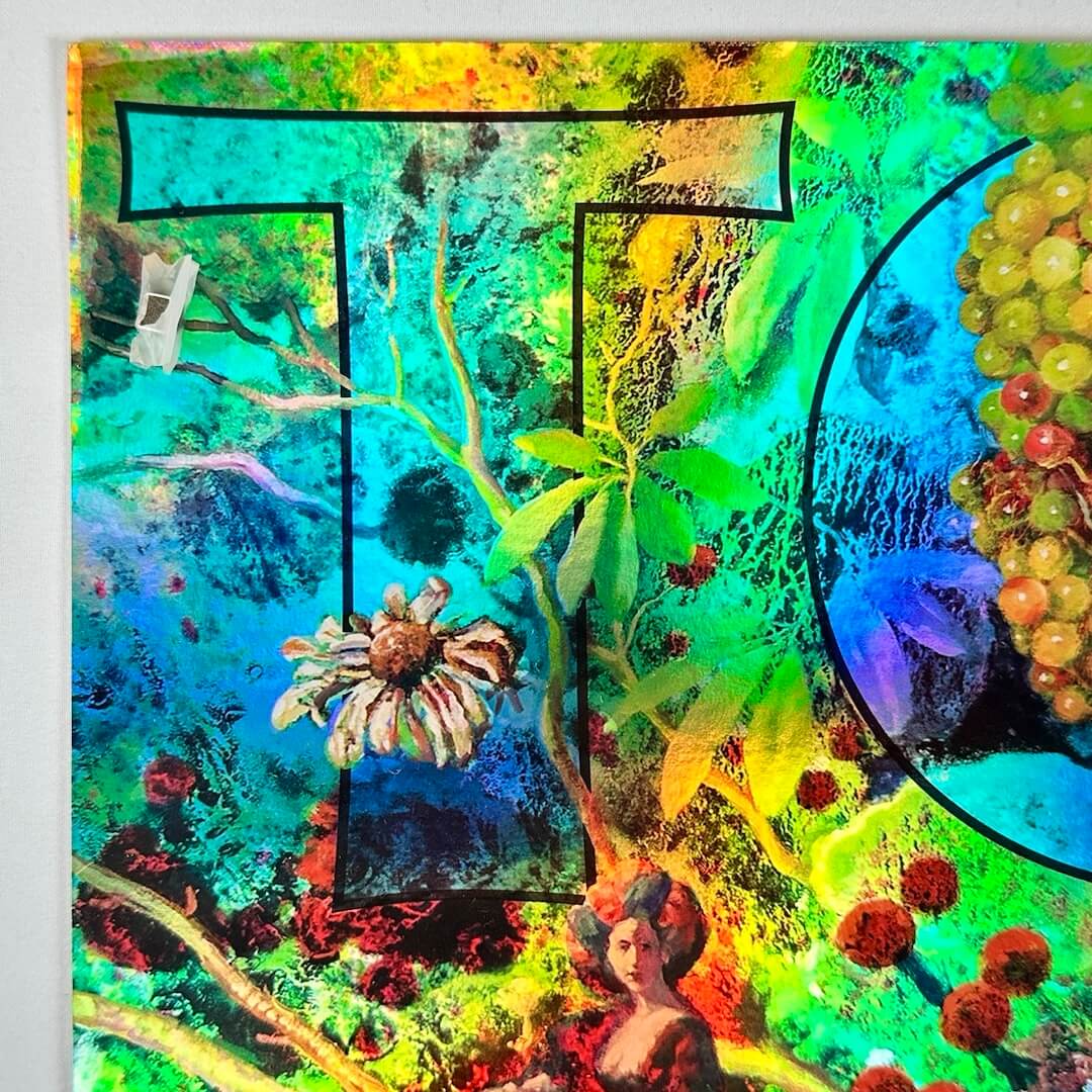 Top left corner with partial title on top of floral background, Victorian lady face at bottom, all on rainbow foil paper.