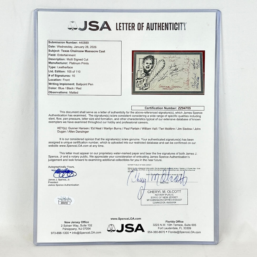 JSA letter of authenticity for a signed item with a photo of a person on a white background