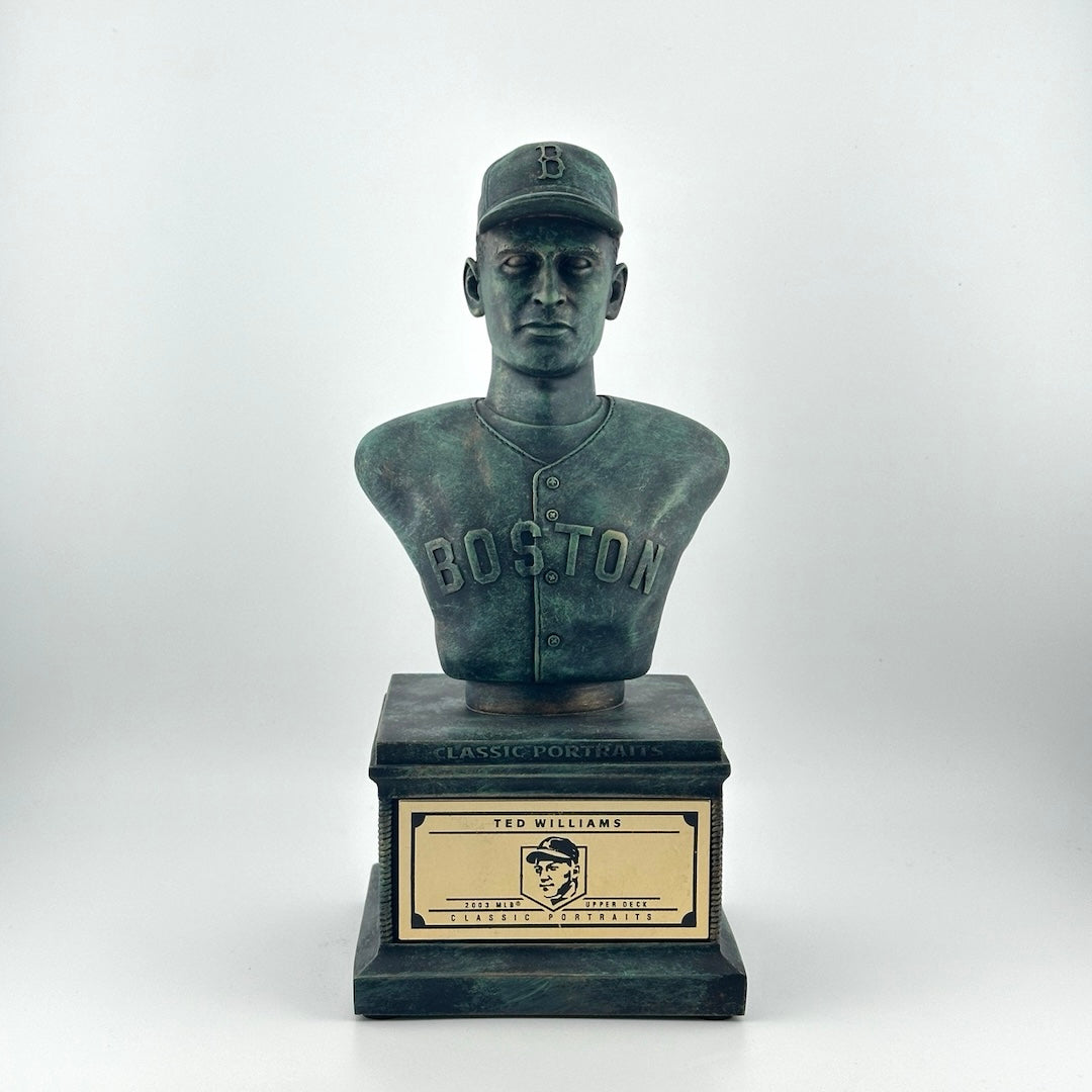 Bronze pedestal with bronze bust of Williams in Boston uniform. Gold plaque on pedestal.