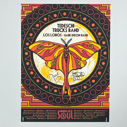 poster with moth in center of mandala-esque art with tour dates & info at bottom and signatures under each wing.