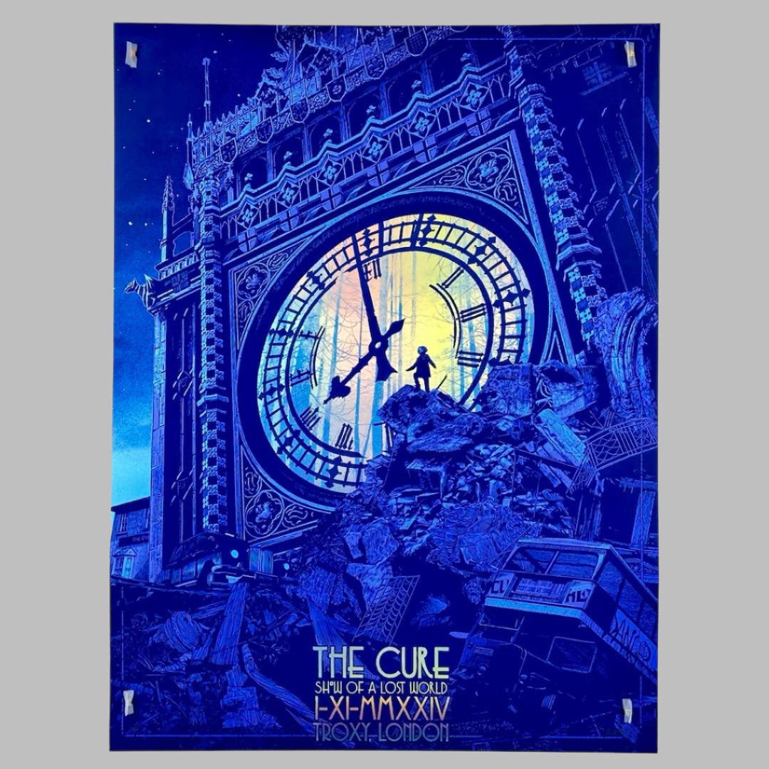 Monochromatic blue poster of Big Ben with rainbow foil face behind small male figure standing on pile of rubble.