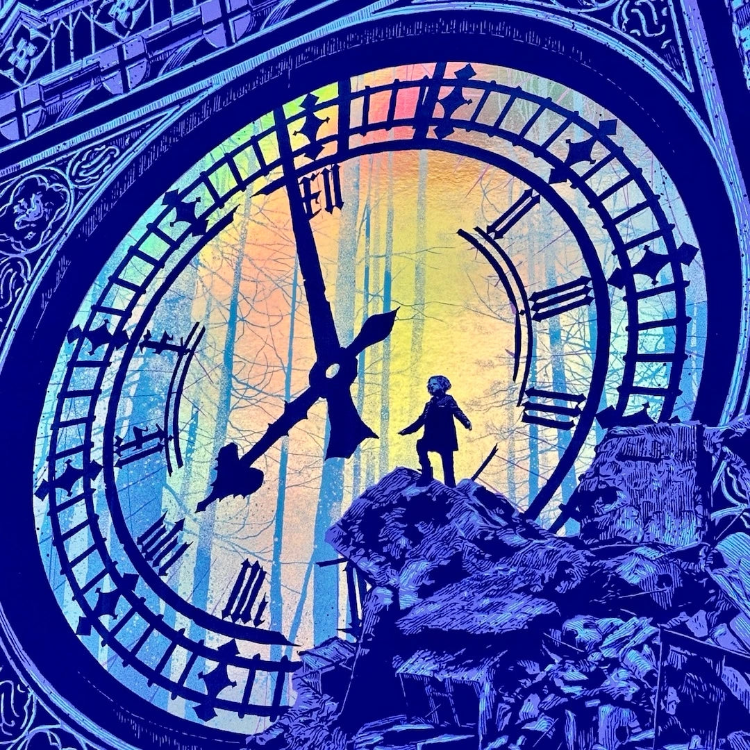 Close up of monochromatic blue Big Ben with rainbow foil face behind small male figure standing on pile of rubble.