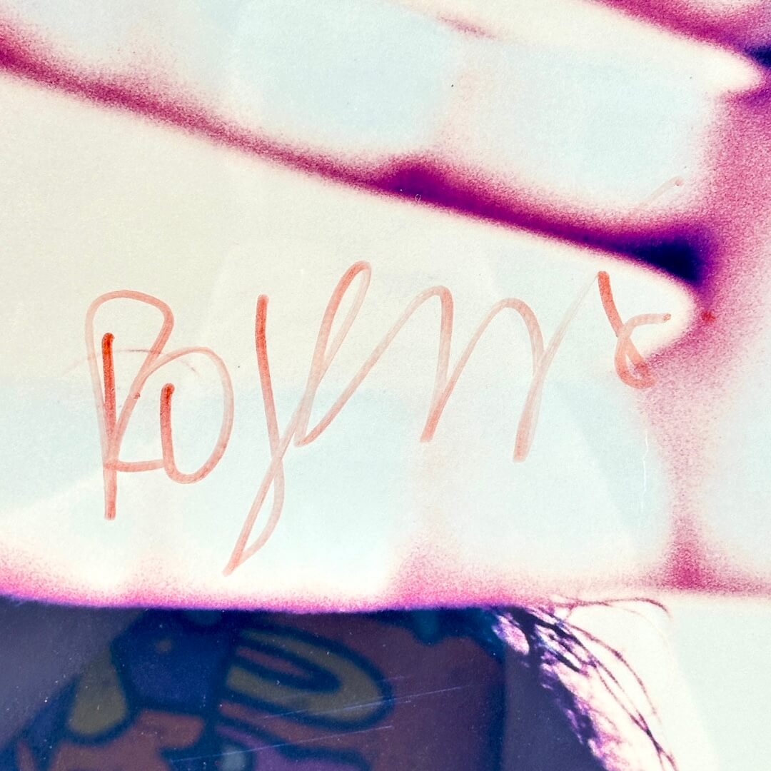 Close up of signature on finger portion of hand in poster.