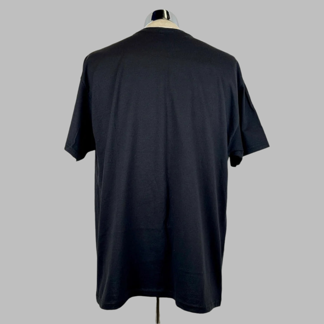 Back of black short sleeved t-shirt with no text or graphics. No damage.