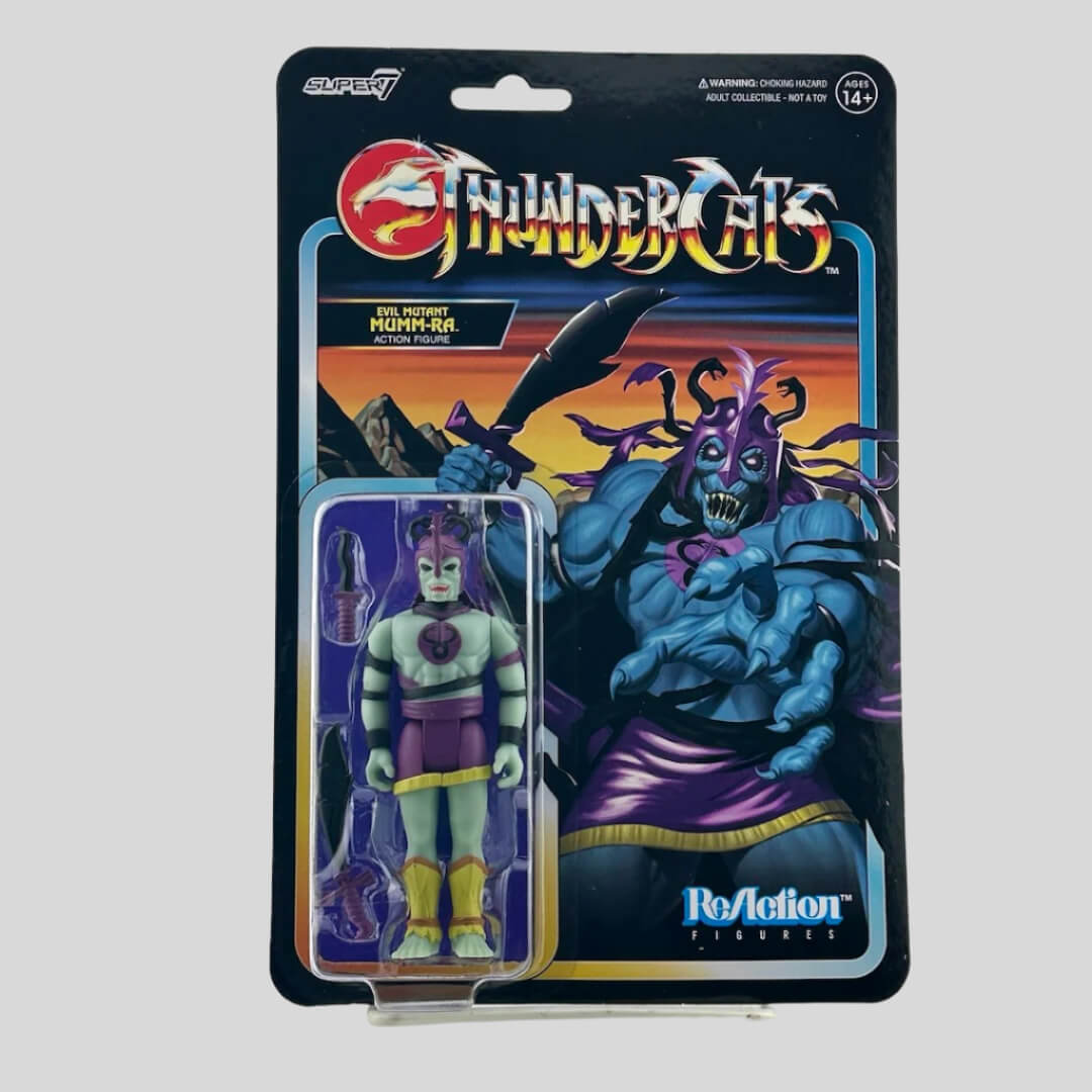 Front of package with illustration of character on back, and action figure in clear blister at left, comes with two accessories.