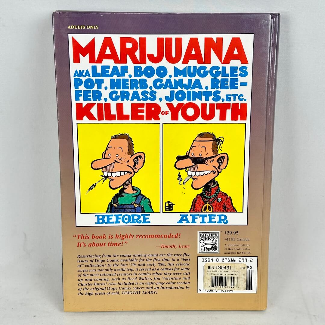 Book cover with cartoon characters and text about various drug references, on a light gray background.