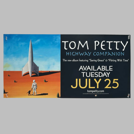 Rectangular poster showing astronaut & monkey approaching rocket in desert, other half black with album info in text.