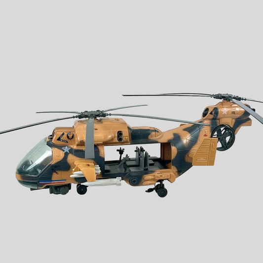 Toy helicopter with camouflage design on a white background