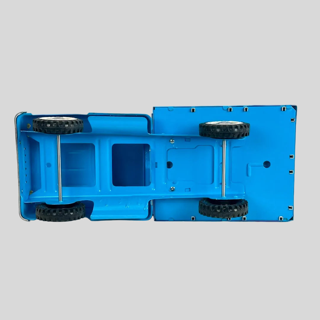 Underside of blue boy truck to show chassis and wheels.