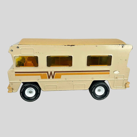 Toy bus with a prominent 'W' logo on a white background