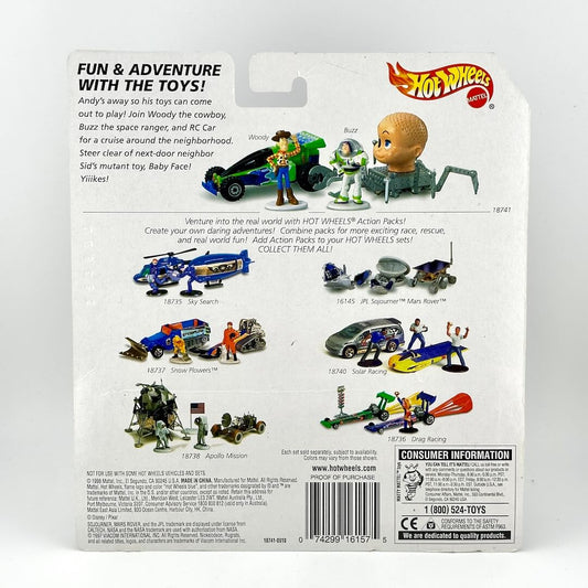 Back of a Hot Wheels toy blister card package showing the included mini vehicles, & printed product descriptions.