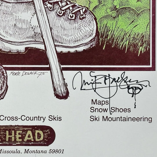 Close up of Signed 1975 Monte Dolack Trailhead advertisement poster.