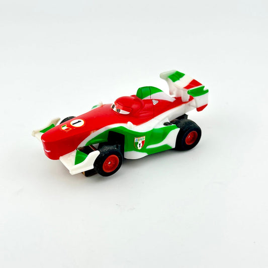 Toy race car with red and green design on a white background