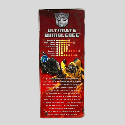 Box of 'Ultimate Bumblebee' toy with red and yellow design on a white background