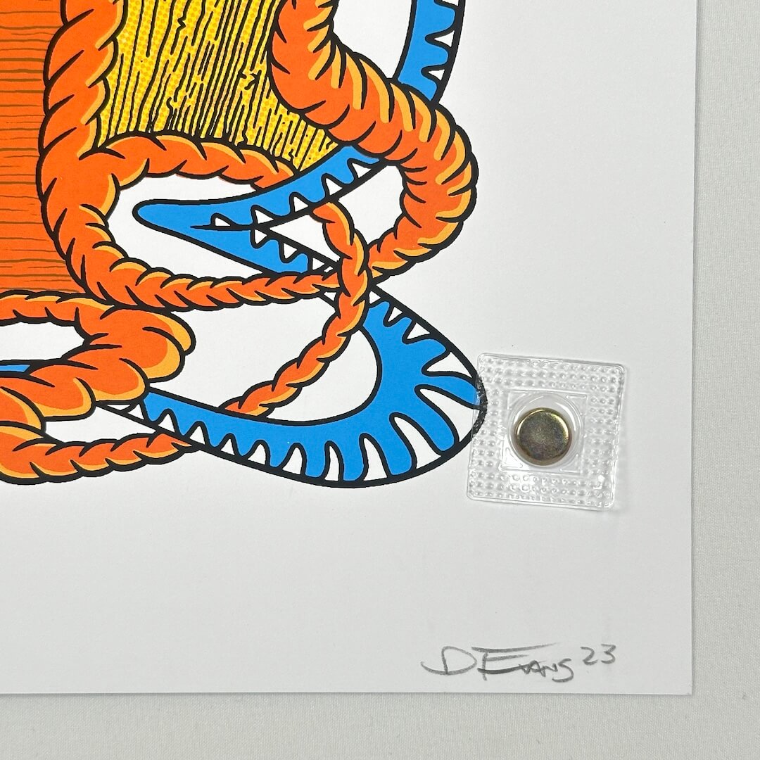 Bottom right corner of poster showing no damage to face, corner or edges. Penciled artist signature at corner.