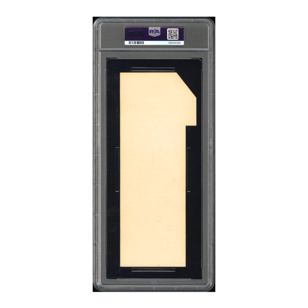 White back side of Evel Knievel ticket encapsulated in plastic. The ticket is cut out like a number one with no text.