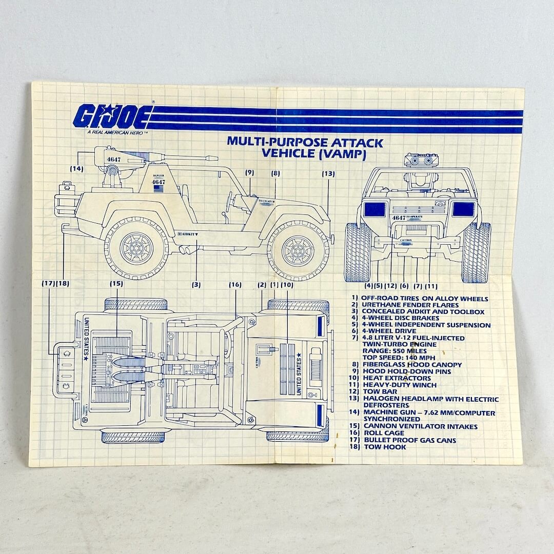 A vintage G.I. Joe instruction sheet for VAMP vehicle, photographed on white background.