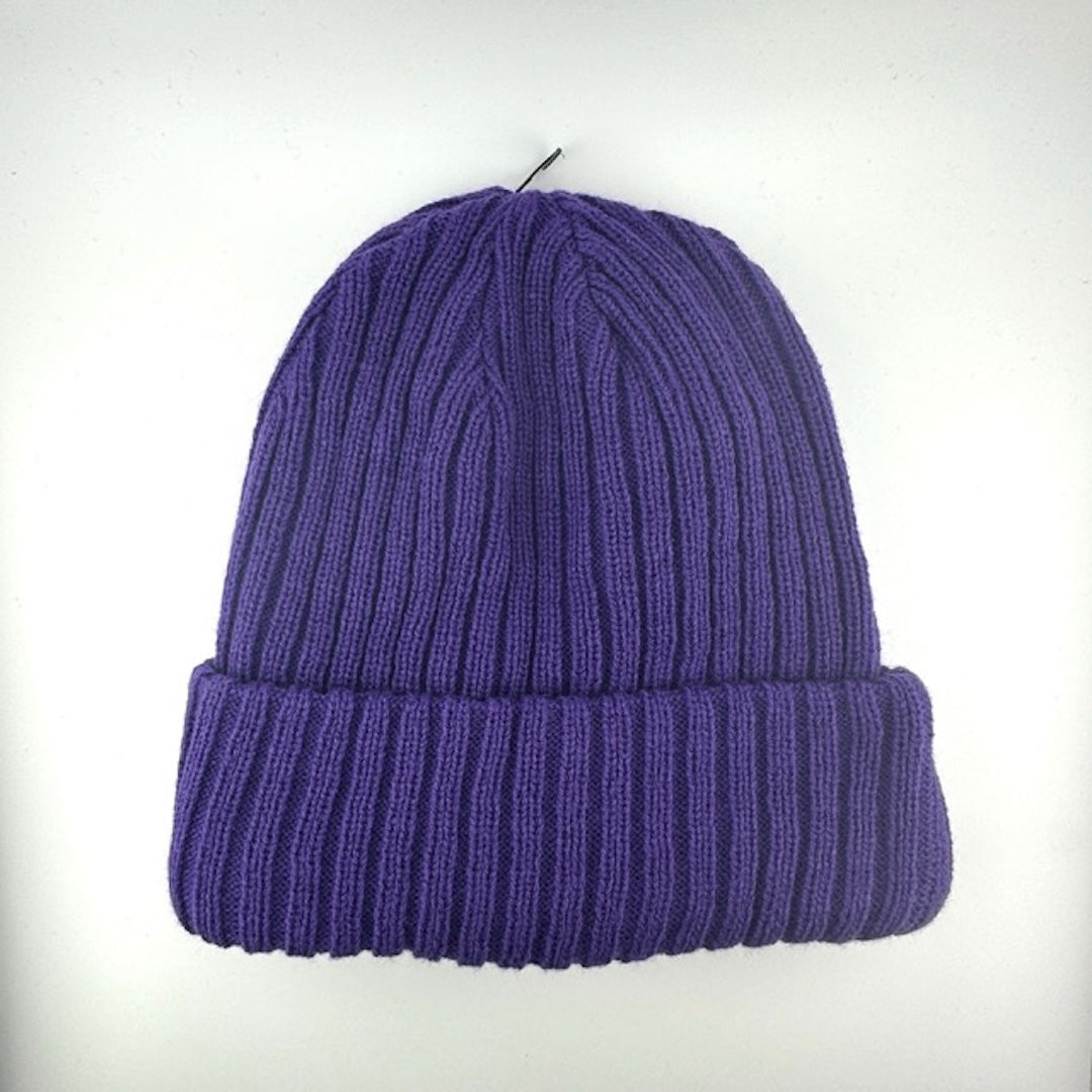 Purple knit beanie with team crest logo patch front center. Yellow stitched new era logo off center.