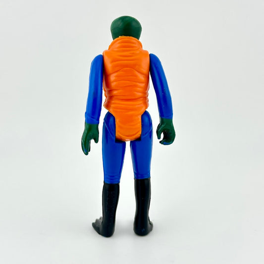 Toy figure with blue suit and orange vest on a white background