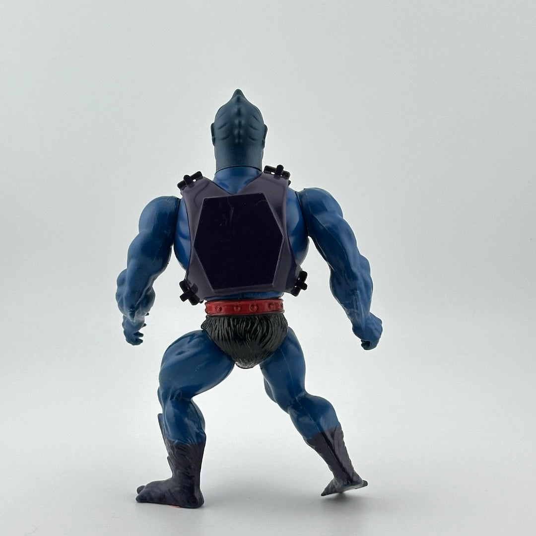 Blue muscular figure front with purple chest plate and red belt.