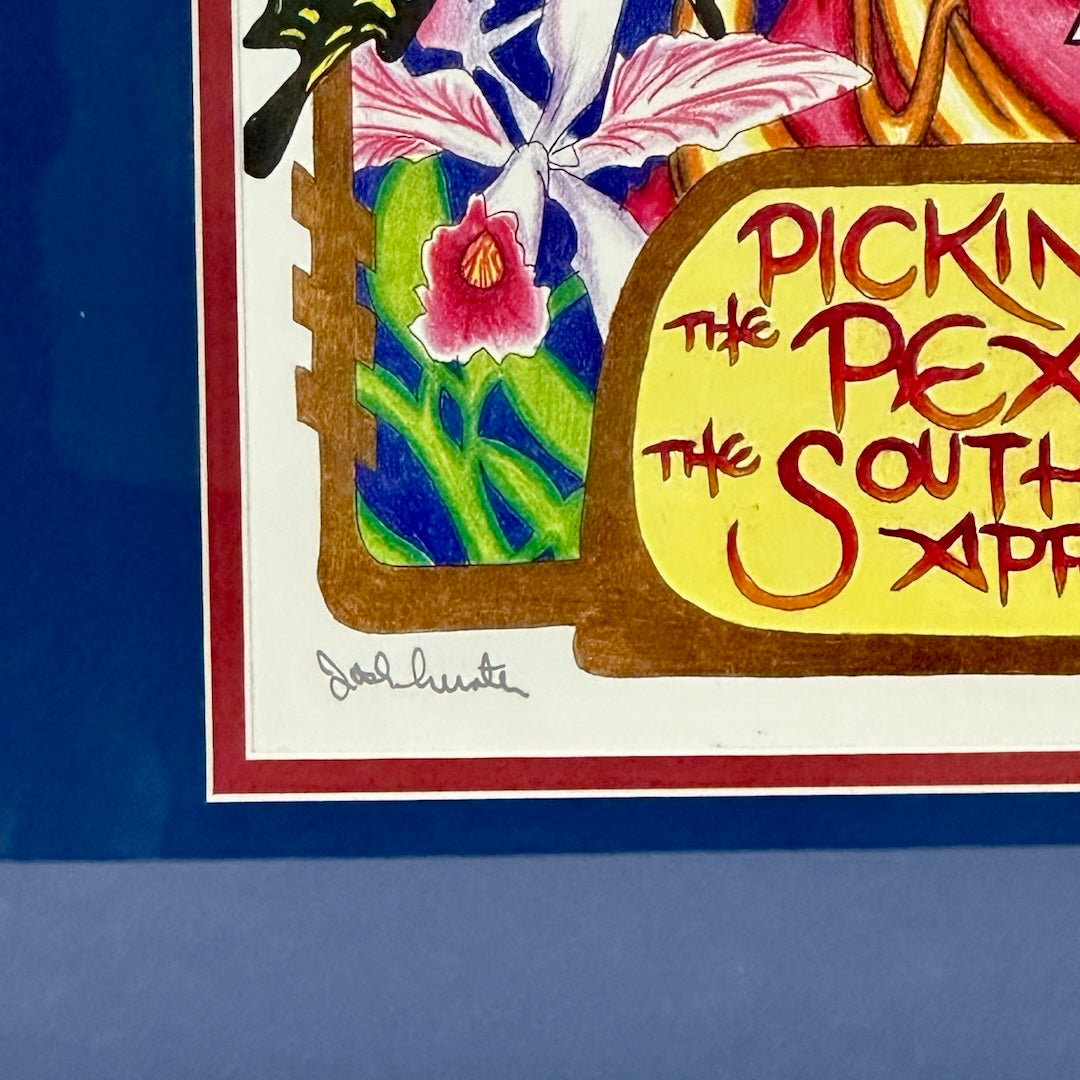 Close up of bottom left section of poster to show artist signature in silver marker in border.