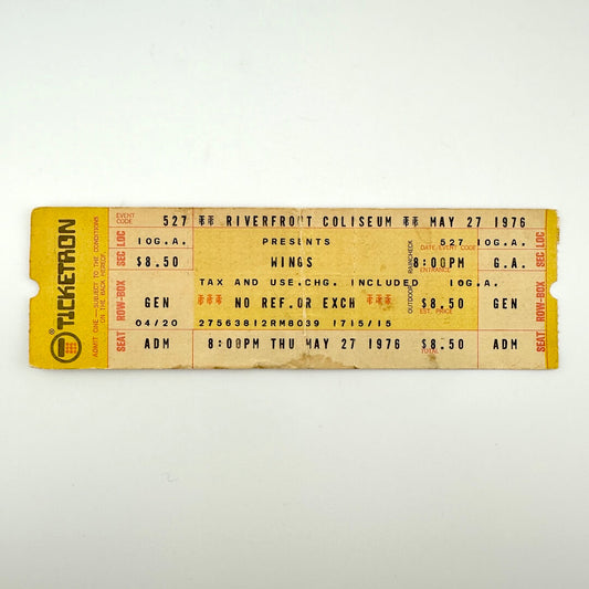 Vintage concert ticket for Wings at Riverfront Coliseum on May 27, 1976